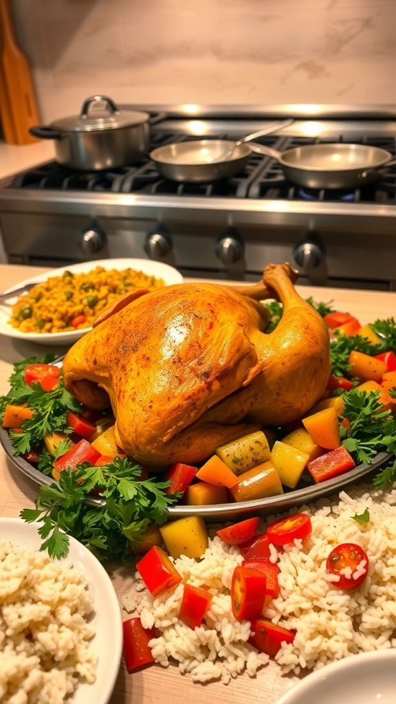 A roasted chicken with vegetables and rice on a dinner table, with a 6-burner gas range in the background.